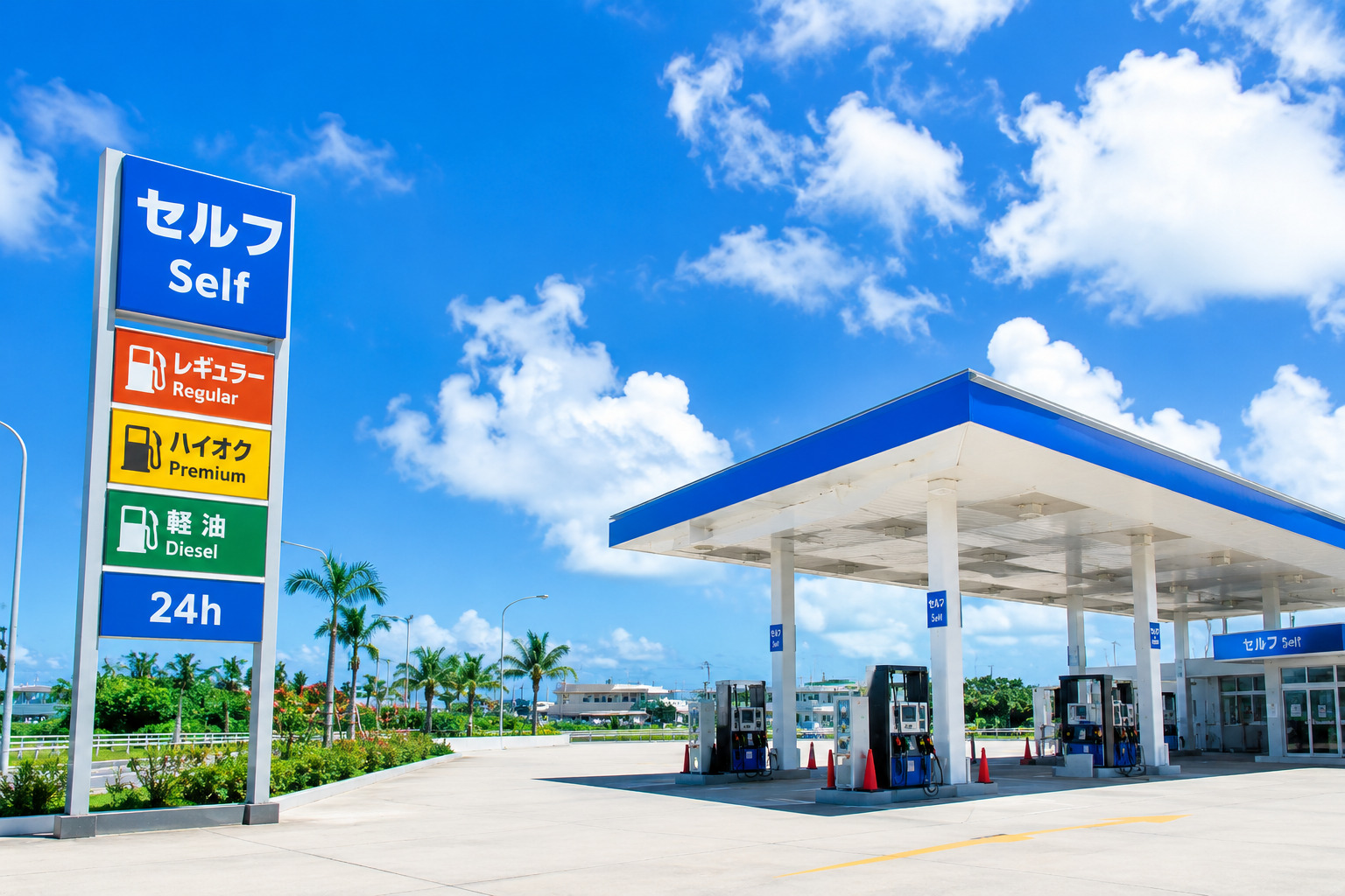 Self-service gas station in Okinawa with a rental car